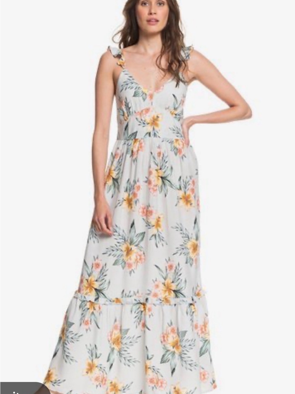 Roxy Floral V-Neck Maxi Dress in Light Cream with Yellow Bloom